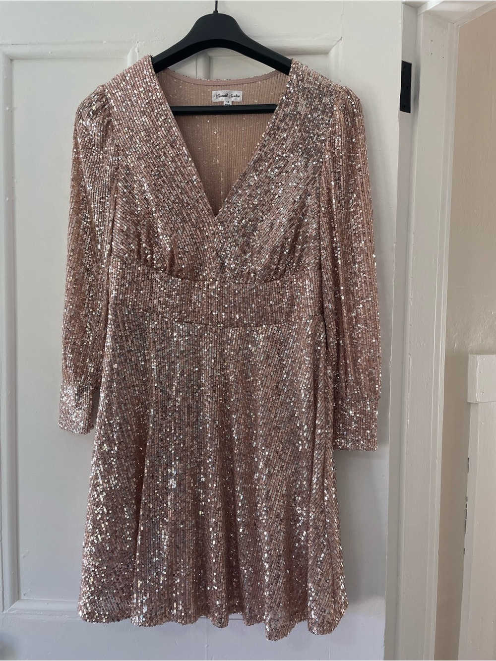 Womens 14 Rose Gold Sequin V-Neck Long Sleeve Dress Hollywood glam shimmer Y2K